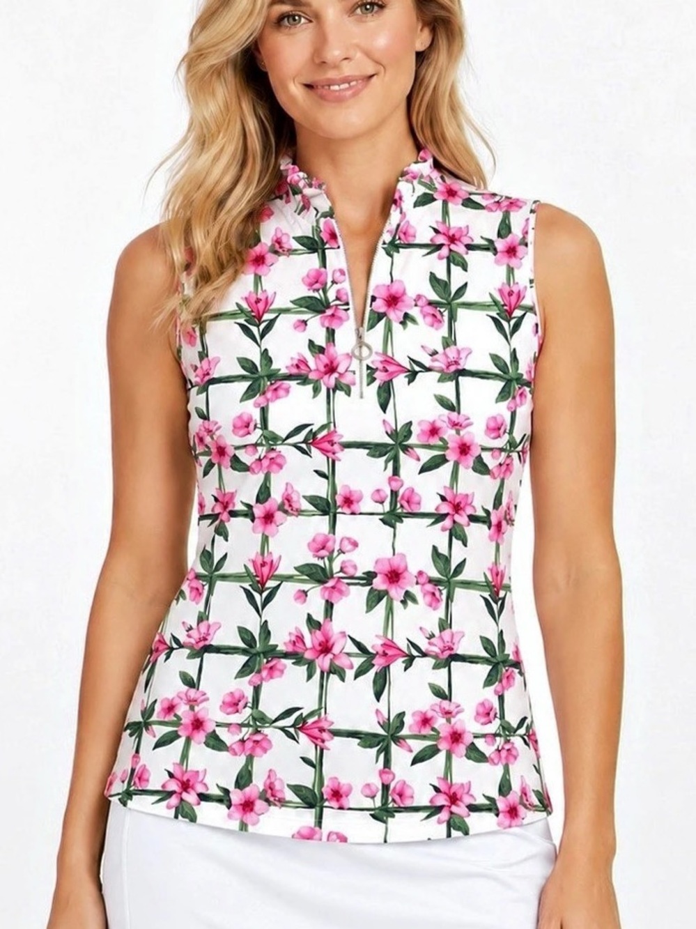 Tail Activewear Pink Green Floral Trellis pattern Sleeveless Golf Tennis Top